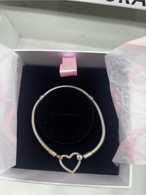 Pandora Silver Rope Bracelet with Heart Clasp - Silver